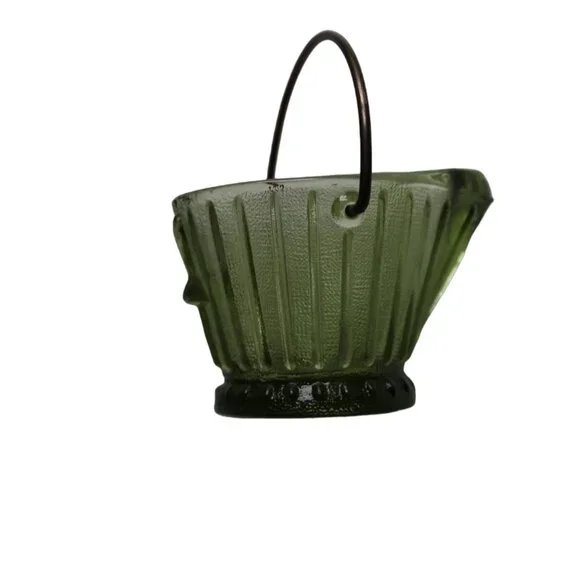 VTG Hazel Atlas Green Glass Miniature Coal Bucket Toothpick Holder Ashtray - Picture 3 of 10